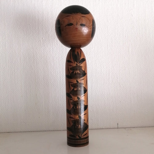 Vintage Japansk Kokeshi Dukke i Brun med Sort Mønster, 2